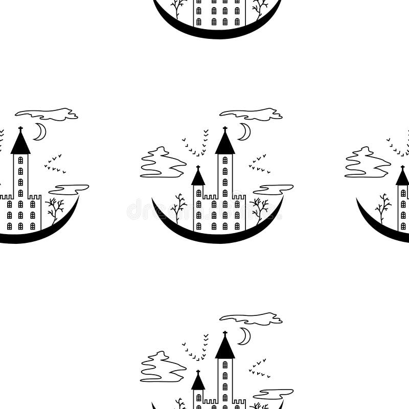 Modell på ett tema av halloween med låset från konturer och träd stock illustrationer Modell på ett tema av halloween med låset från konturer och träd stock illustrationer