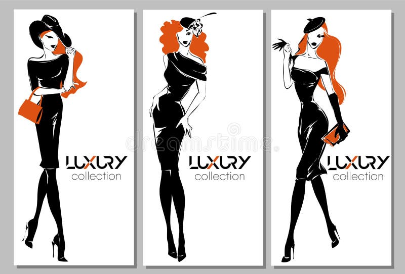 Modellen van manier de zwart-witte vrouwen met rode haarreeks, de inzamelingsembleem van het luxemerk, illustratieachtergrond royalty-vrije illustratie Modellen van manier de zwart-witte vrouwen met rode haarreeks, de inzamelingsembleem van het luxemerk, illustratieachtergrond royalty-vrije illustratie