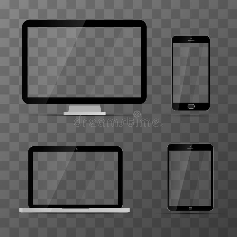 Modeller av bildskärmen, bärbara datorn, den svarta minnestavlan och smartphonen stock illustrationer Modeller av bildskärmen, bärbara datorn, den svarta minnestavlan och smartphonen stock illustrationer