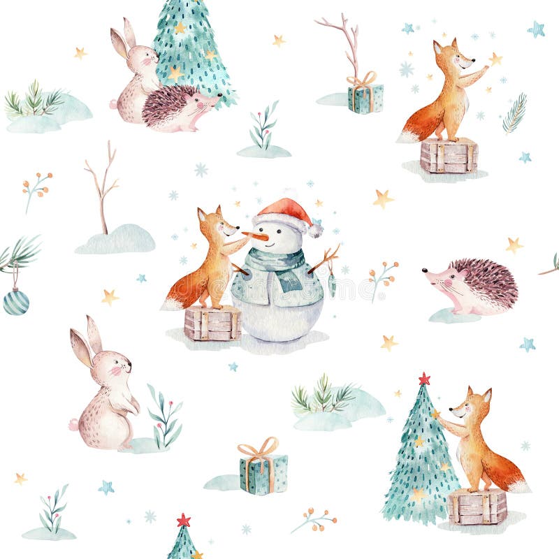 Modeller för glad jul för vattenfärg semestrar sömlösa med gåvan, snögubbe, gulliga djur lurar, kanin och igelkotten stock illustrationer Modeller för glad jul för vattenfärg semestrar sömlösa med gåvan, snögubbe, gulliga djur lurar, kanin och igelkotten stock illustrationer