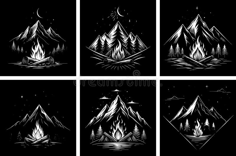 Modelli creativi di logo monocromatici con Fire Mountain e Forest su sfondo nero illustrazione vettoriale