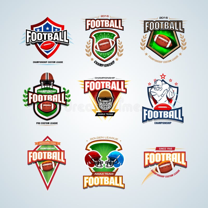 Modelli di logo di football americano messi e distintivi, creste e maglietta, etichetta ed emblema, maglietta ed icone illustrazione di stock Modelli di logo di football americano messi e distintivi, creste e maglietta, etichetta ed emblema, maglietta ed icone illustrazione di stock