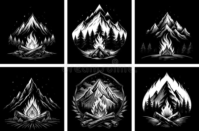 Modelli di logo monocromatici con campeggi in montagna e paesaggio forestale illustrazione di stock