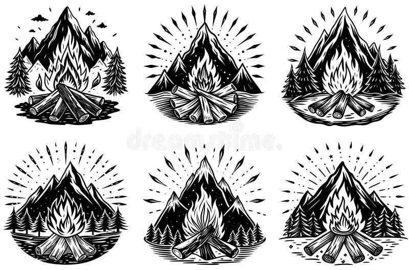 Modelli di logo monocromatici con fuoco in campeggio su fondo nero illustrazione di stock