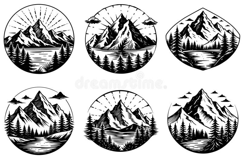 Modelli di logo monocromatici con tema sulle montagne e sull'avventura all'aperto royalty illustrazione gratis