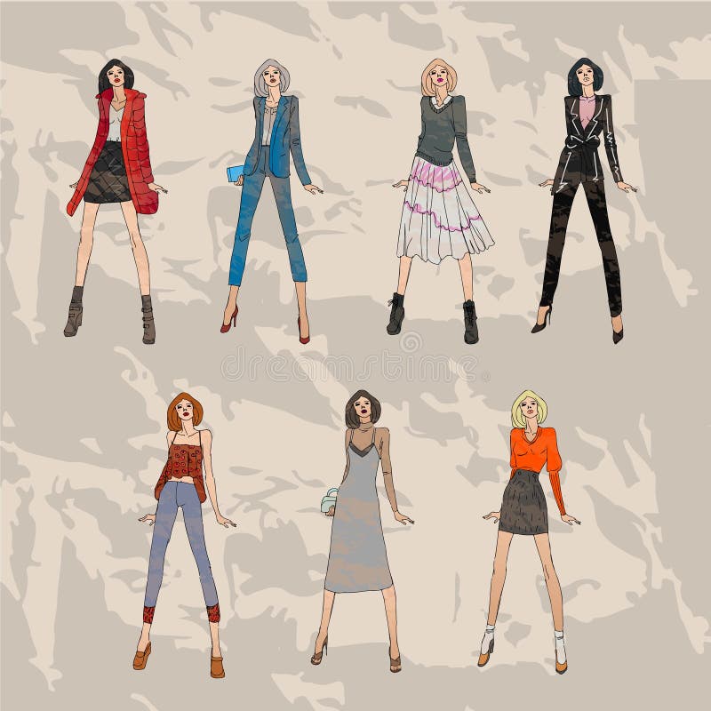 Modelli di moda messi Tendenze di inverno di caduta di schizzo illustrazione vettoriale Modelli di moda messi Tendenze di inverno di caduta di schizzo illustrazione vettoriale