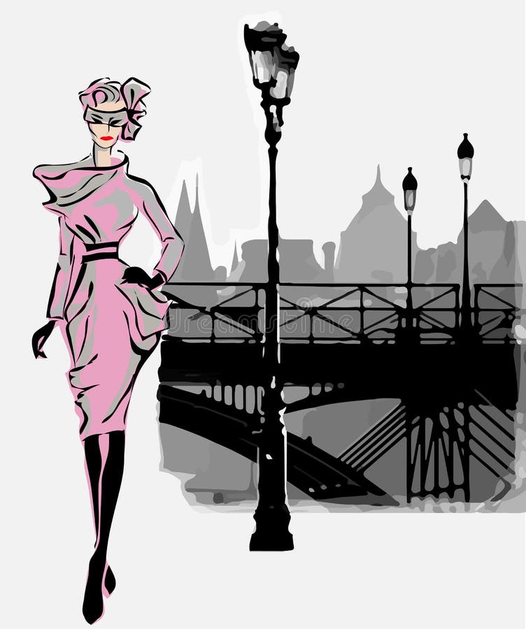 Modelli di moda nell'inverno di caduta di stile di schizzo con il fondo della città di Parigi illustrazione vettoriale Modelli di moda nell'inverno di caduta di stile di schizzo con il fondo della città di Parigi illustrazione vettoriale