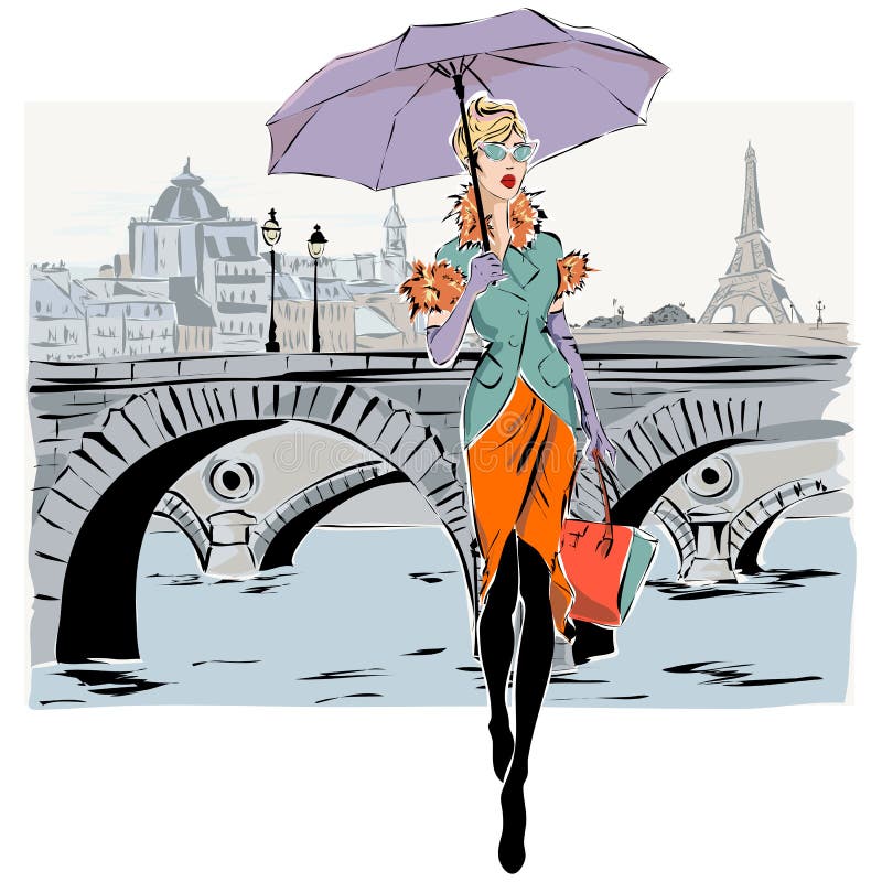 Modelli di moda nell'inverno di caduta di stile di schizzo con il fondo della città di Parigi illustrazione vettoriale Modelli di moda nell'inverno di caduta di stile di schizzo con il fondo della città di Parigi illustrazione vettoriale