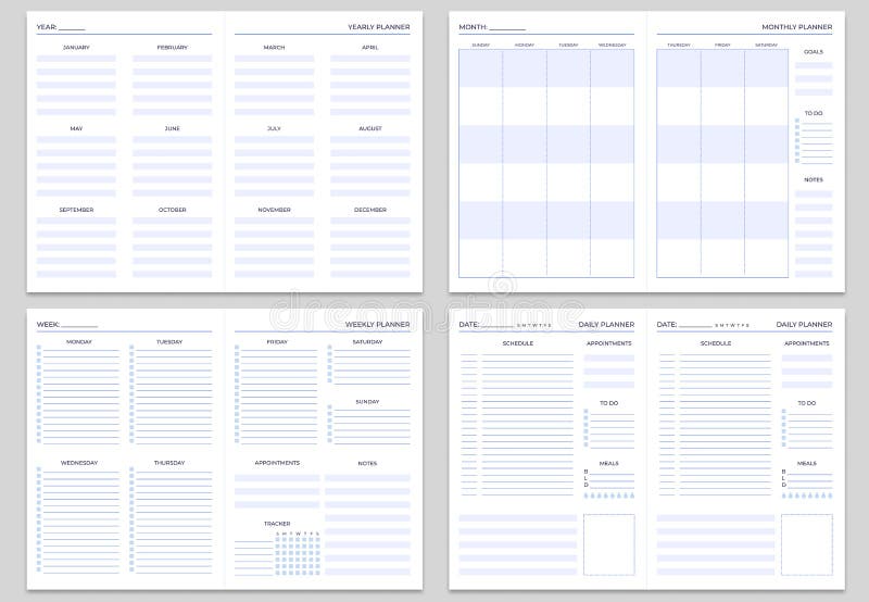 Modelli di pagine note di planner Pianificatori annuali, mensili e settimanali Vettore modello attività, obiettivi e appuntamenti illustrazione di stock