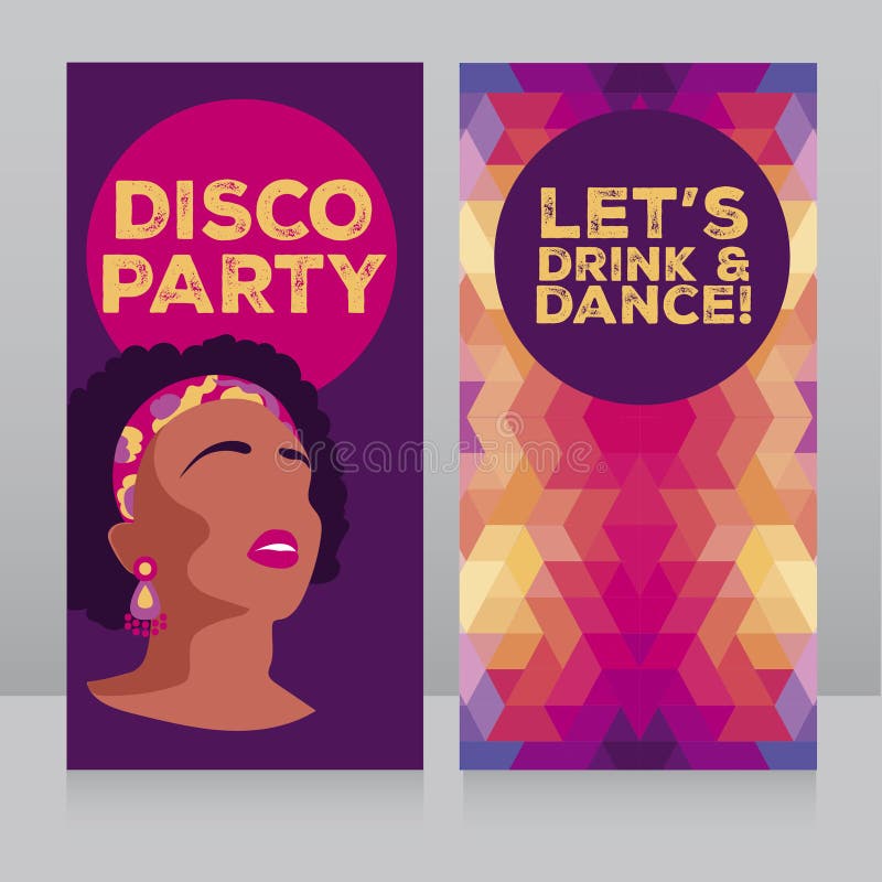 Modelli per il partito di discoteca con la ragazza afroamericana di stile 80s e l'ornamento geometrico royalty illustrazione gratis Modelli per il partito di discoteca con la ragazza afroamericana di stile 80s e l'ornamento geometrico royalty illustrazione gratis