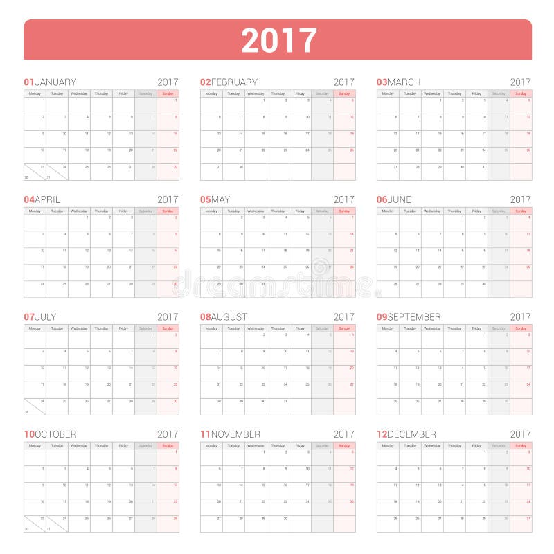 Modello annuale del pianificatore del calendario murale per 2017 anni Disegno di vettore La settimana comincia lunedì illustrazione vettoriale Modello annuale del pianificatore del calendario murale per 2017 anni Disegno di vettore La settimana comincia lunedì illustrazione vettoriale