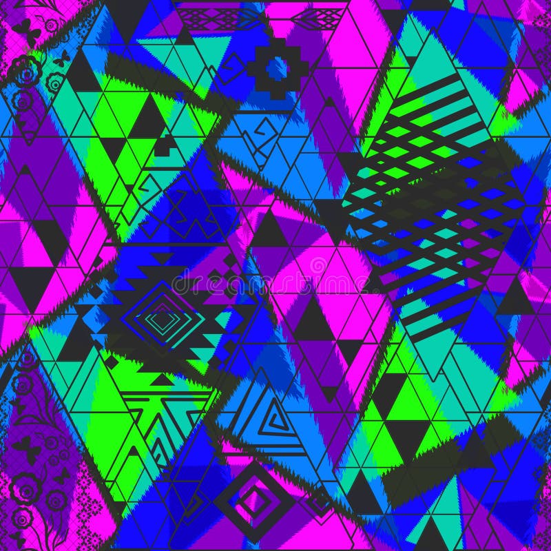 Modello astratto etnico senza cuciture con i toni al neon luminosi Ornamento blu, verde, rosa, nero luminoso royalty illustrazione gratis Modello astratto etnico senza cuciture con i toni al neon luminosi Ornamento blu, verde, rosa, nero luminoso royalty illustrazione gratis
