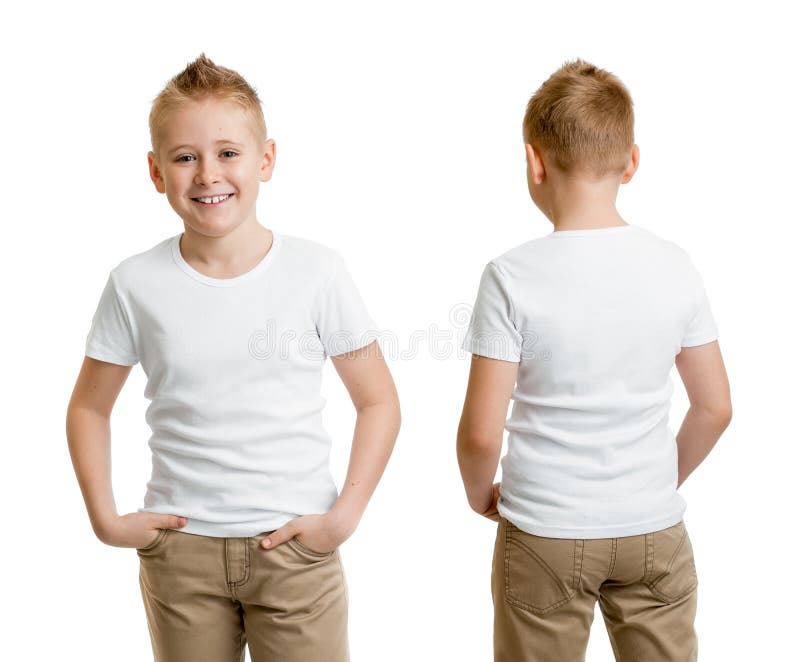 Modello bello del ragazzo del bambino in maglietta o parte posteriore e parte anteriore bianca della maglietta fotografia stock Modello bello del ragazzo del bambino in maglietta o parte posteriore e parte anteriore bianca della maglietta fotografia stock