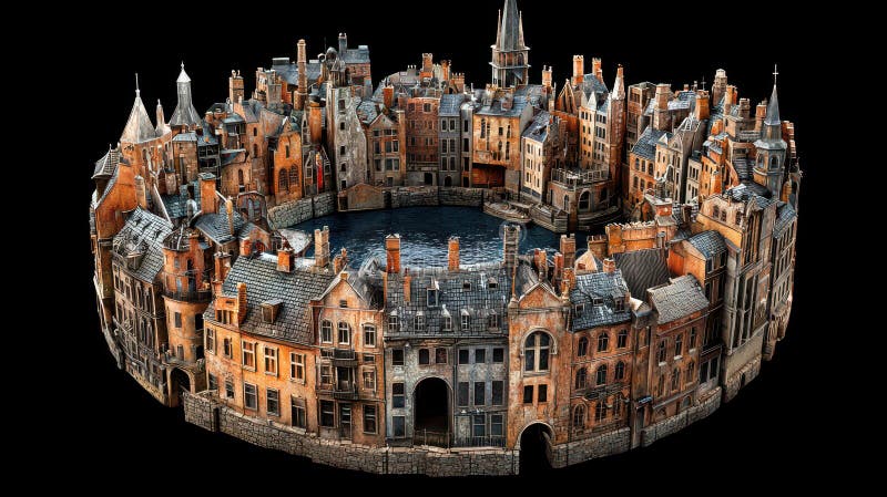 Modello circolare di paesaggio urbano in miniatura con edifici di colore grigio e marrone royalty illustrazione gratis