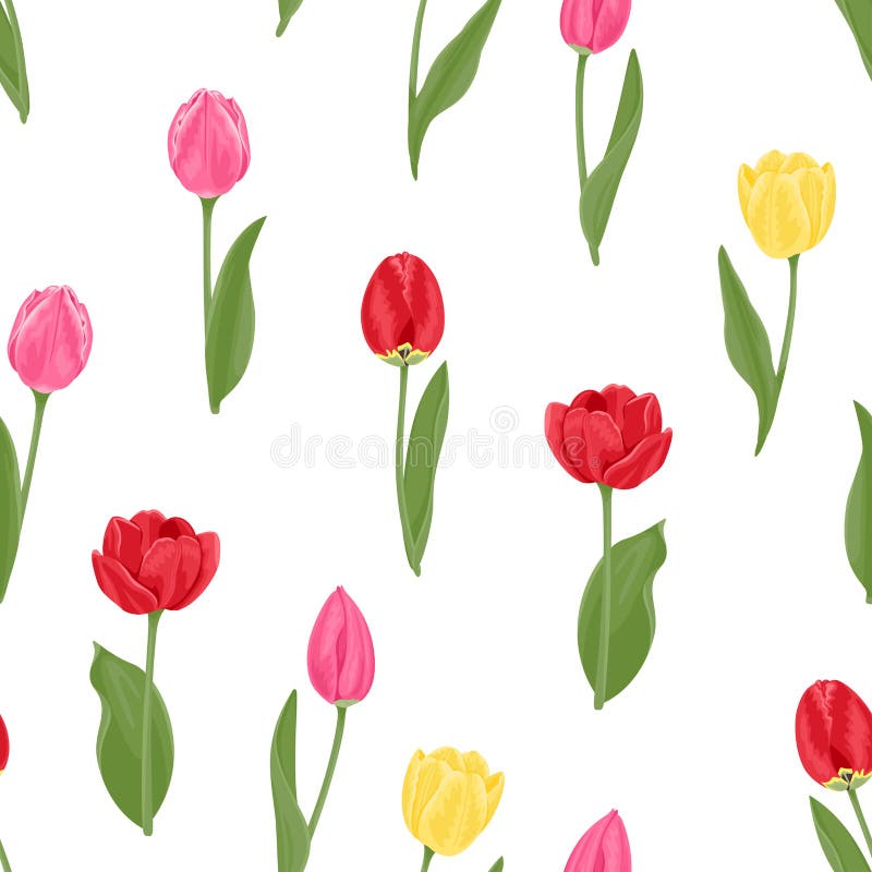 Modello a colori brillante Fiori rossi, gialli, tulipani e foglie verdi royalty illustrazione gratis Modello a colori brillante Fiori rossi, gialli, tulipani e foglie verdi royalty illustrazione gratis