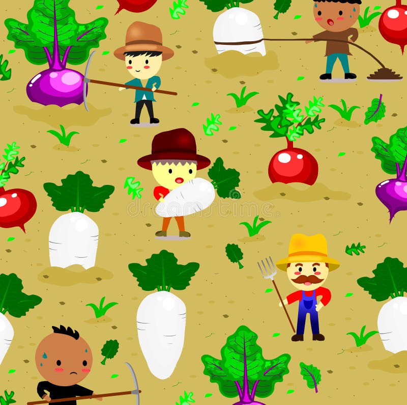 modello con il ravanello sveglio sul campo e agricoltore, verdure e stile del fumetto del lavoratore, vettore illustrazione vettoriale modello con il ravanello sveglio sul campo e agricoltore, verdure e stile del fumetto del lavoratore, vettore illustrazione vettoriale
