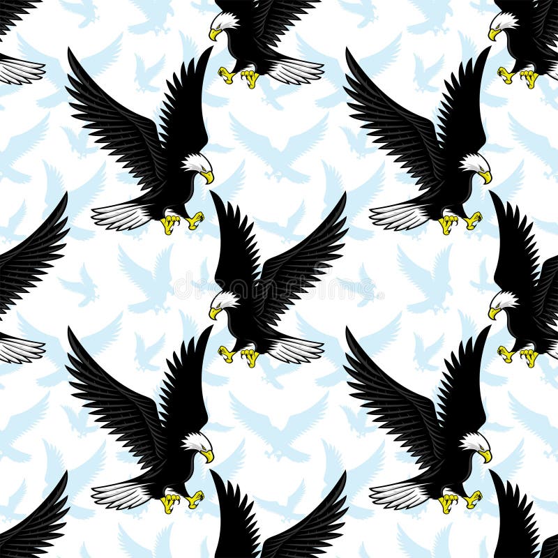 Modello continuo con aquile calde. Modello uniforme con aquile calde volanti su fondo bianco.