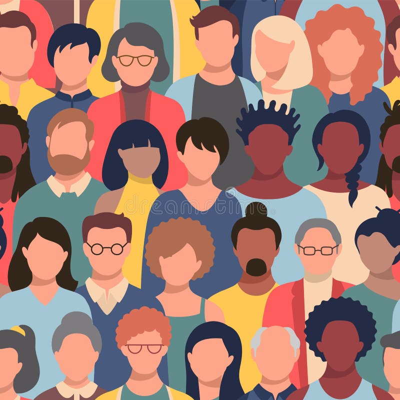 Modello continuo con persone di diversa etnia ed età. sfilata o incontro tra la folla uomini e donne diverse illustrazione vettoriale