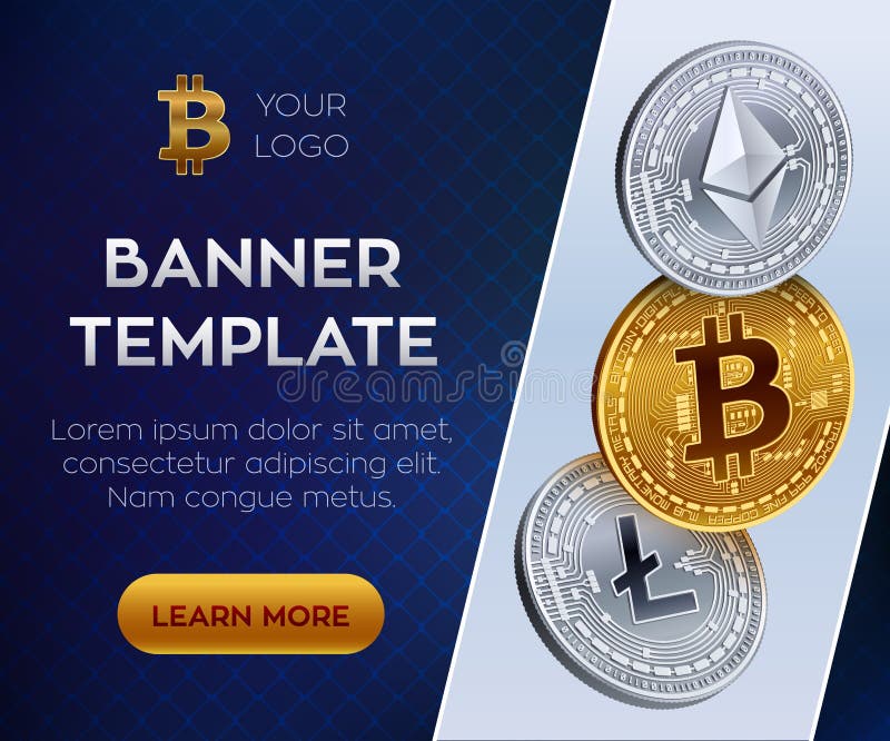 Modello cripto dell'insegna di valuta Bitcoin, Ethereum, Litecoin monete fisiche isometriche 3D Moneta ed argento dorati del bitc illustrazione vettoriale