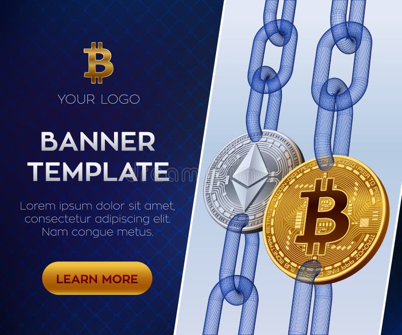 Modello cripto dell'insegna di valuta Bitcoin Ethereum monete fisiche isometriche del pezzo 3D Bitcoin ed argento dorati Ethereum illustrazione di stock