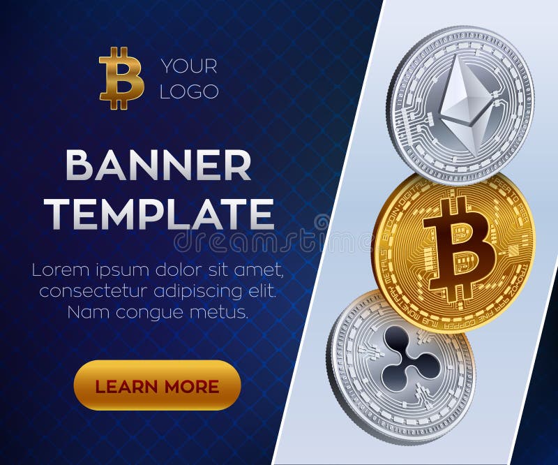 Modello cripto dell'insegna di valuta Bitcoin, Ethereum, ondulazione monete fisiche isometriche 3D Moneta del bitcoin ed argento illustrazione di stock