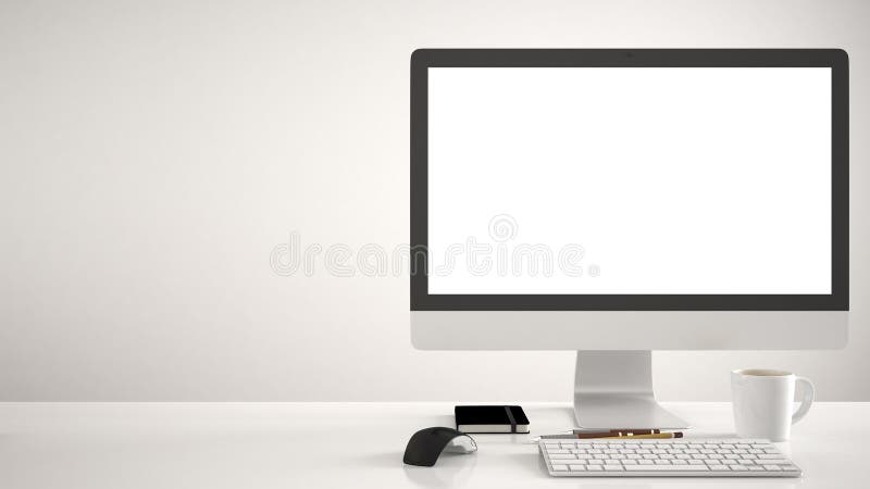 Modello da tavolino, modello, computer sullo scrittorio del lavoro con lo schermo in bianco, topo della tastiera e blocco note co
