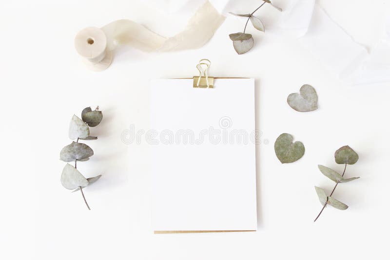 Modello da tavolino della cancelleria di nozze femminili con la cartolina d'auguri in bianco, foglie asciutte dell'eucalyptus, na
