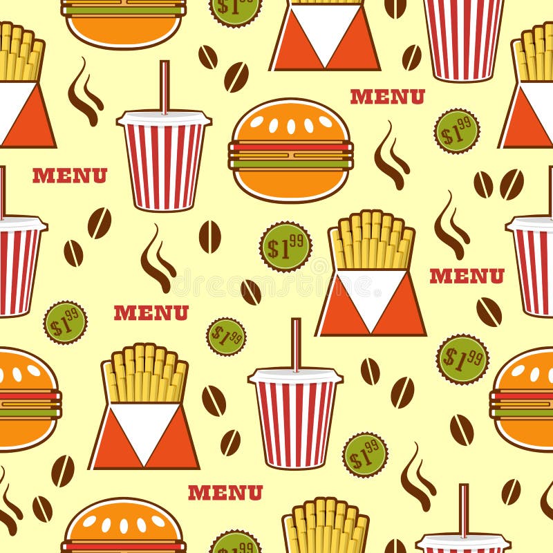 Modello degli alimenti a rapida preparazione con le bevande, gli hamburger e le fritture illustrazione vettoriale Modello degli alimenti a rapida preparazione con le bevande, gli hamburger e le fritture illustrazione vettoriale