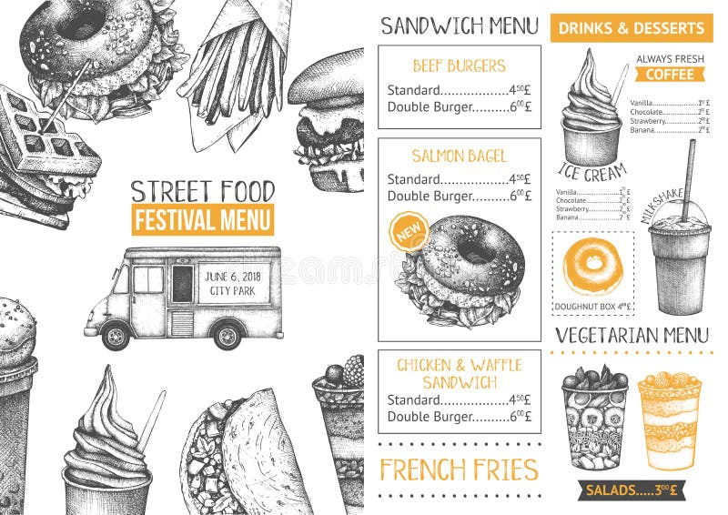 Modello del menu del caffè o del fast food Hamburger, dessert ed illustrazioni disegnati a mano delle bevande Progettazione dell' illustrazione vettoriale