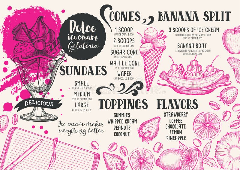 Modello del menu del gelato per il ristorante ed il caffè illustrazione vettoriale