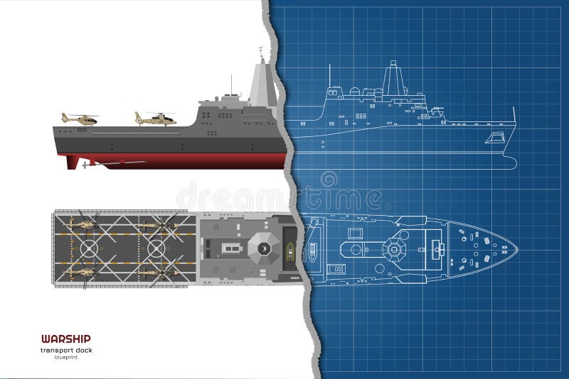 Modello del profilo della nave militare Vista laterale anteriore e della cima, Modello della nave da guerra 3d Disegno isolato in illustrazione di stock