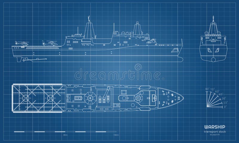 Modello del profilo della nave militare Vista laterale anteriore e della cima, Modello della nave da guerra Disegno isolato indus royalty illustrazione gratis