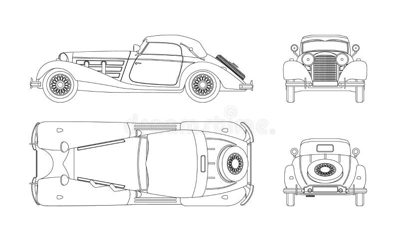 Modello del profilo di retro automobile Cabriolet d'annata Parte anteriore, lato, cima e vista posteriore Disegno isolato industr royalty illustrazione gratis