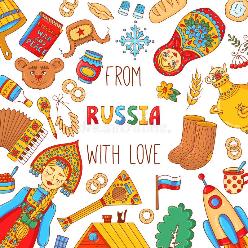 Modello dell'insegna delle icone di scarabocchio di viaggio della Russia illustrazione vettoriale Modello dell'insegna delle icone di scarabocchio di viaggio della Russia illustrazione vettoriale