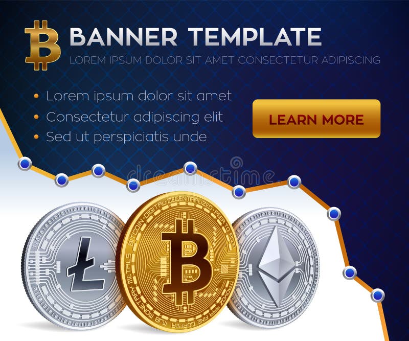 Modello dell'insegna di Cryptocurrency Bitcoin, Ethereum, Litecoin monete fisiche isometriche 3D Moneta ed argento dorati del bit illustrazione di stock