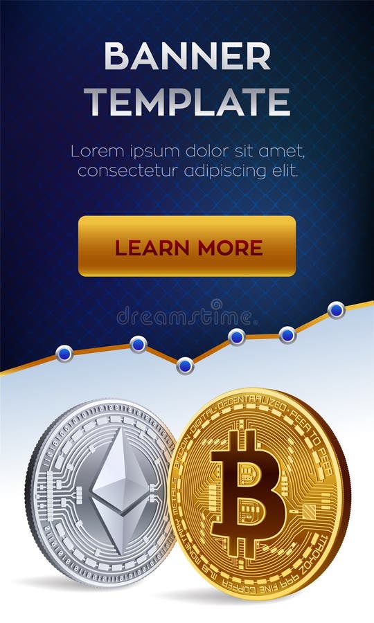 Modello dell'insegna di Cryptocurrency Bitcoin Ethereum monete fisiche isometriche del pezzo 3D Coi dorato di Ethereum del siver royalty illustrazione gratis