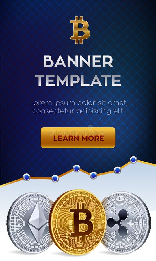Modello dell'insegna di Cryptocurrency Bitcoin, Ethereum, ondulazione monete fisiche isometriche 3D Moneta ed argento dorati del illustrazione vettoriale