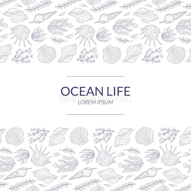 Modello dell'insegna di vita dell'oceano con il modello naturale subacqueo degli elementi, mondo subacqueo con il vettore delle c royalty illustrazione gratis Modello dell'insegna di vita dell'oceano con il modello naturale subacqueo degli elementi, mondo subacqueo con il vettore delle c royalty illustrazione gratis