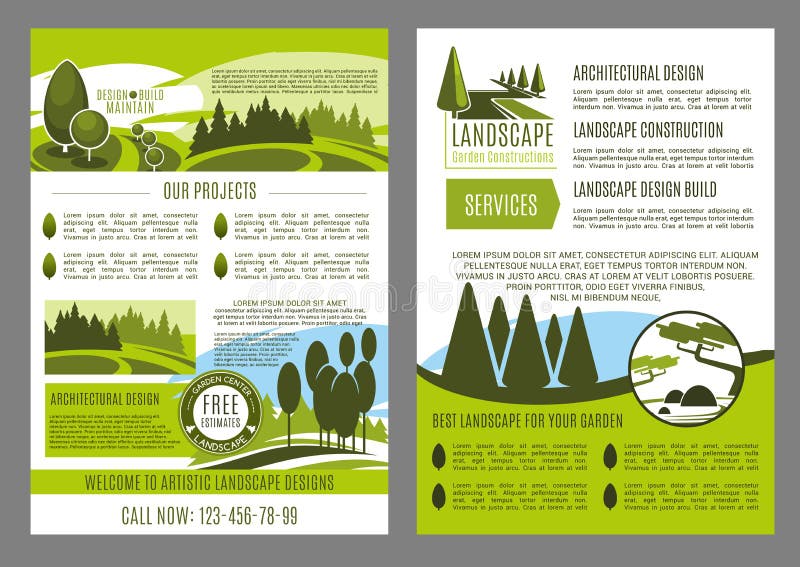 Landscape design company business brochure template. Landscape architecture, construction, park planning and garden design promotion banner or leaflet with green tree, leaf and grass lawn. Landscape design company business brochure template. Landscape architecture, construction, park planning and garden design promotion banner or leaflet with green tree, leaf and grass lawn