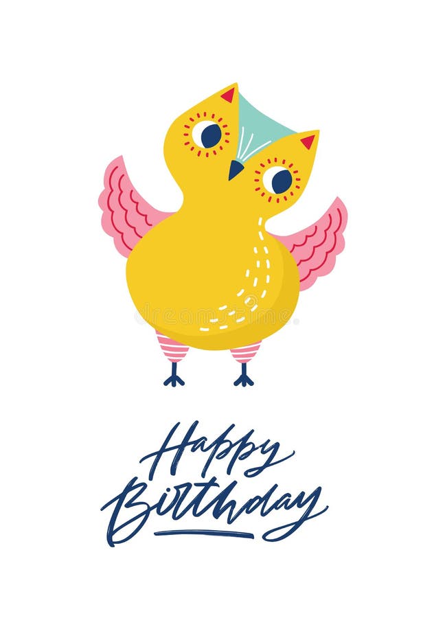 Modello della cartolina d'auguri con il gufo o la giovane civetta sveglia e l'iscrizione divertente di buon compleanno scritta co royalty illustrazione gratis Modello della cartolina d'auguri con il gufo o la giovane civetta sveglia e l'iscrizione divertente di buon compleanno scritta co royalty illustrazione gratis