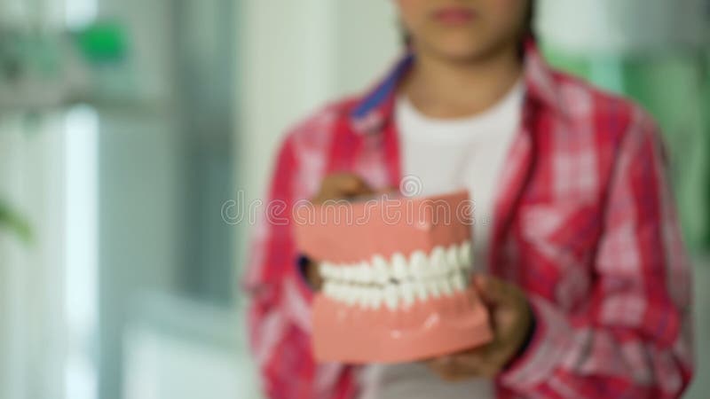 Modello della mandibola della tenuta della bambina, servizi dentari per i bambini, diagnosi della carie