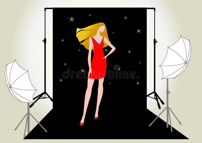 Modello della ragazza nel colore rosso sul tiro di foto illustrazione di stock Modello della ragazza nel colore rosso sul tiro di foto illustrazione di stock