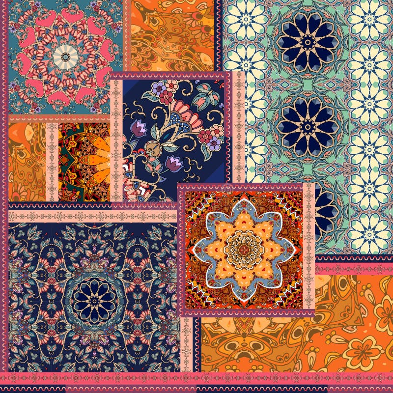 Modello della rappezzatura Fiori stilizzati Motivi indiani, arabi, marocchini Stampa etnica per tessuto illustrazione di stock Modello della rappezzatura Fiori stilizzati Motivi indiani, arabi, marocchini Stampa etnica per tessuto illustrazione di stock
