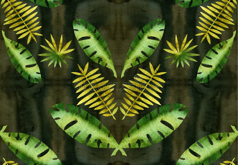 Modello delle foglie delle piante tropicali struttura dell'acquerello Reticolo senza giunte illustrazione vettoriale Modello delle foglie delle piante tropicali struttura dell'acquerello Reticolo senza giunte illustrazione vettoriale
