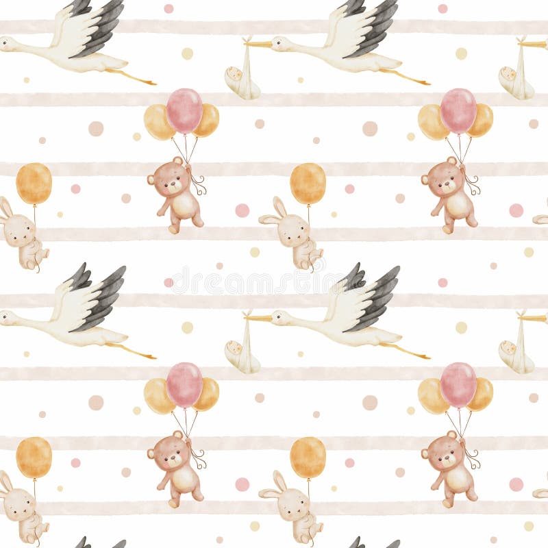 Cute watercolor pattern for childish textiles or fabrics with flying stork holding newborn, bear and bunny on balloon in clouds. Cute watercolor pattern for childish textiles or fabrics with flying stork holding newborn, bear and bunny on balloon in clouds.