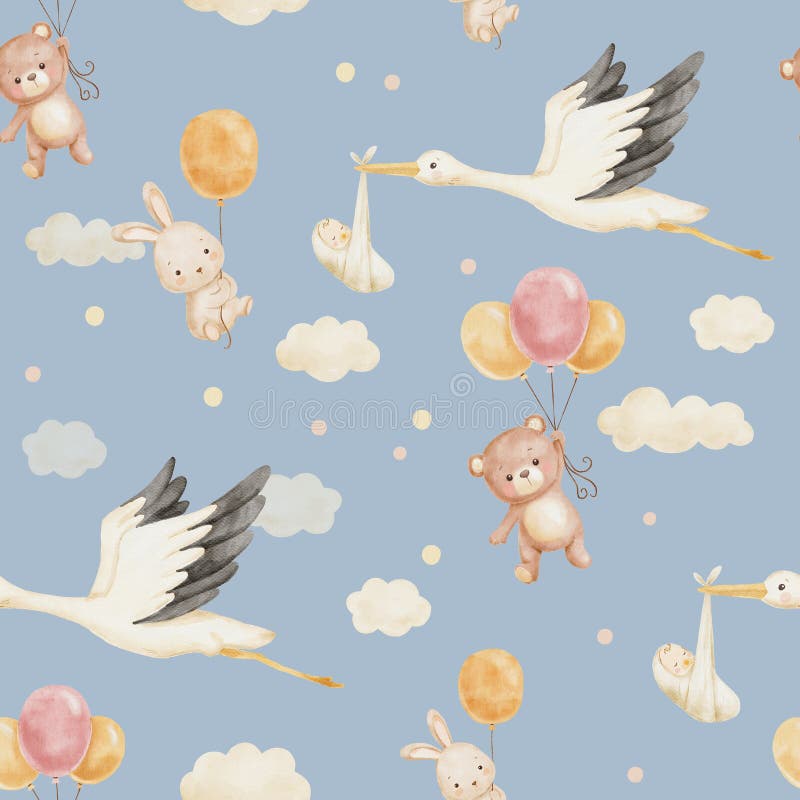 Cute watercolor pattern for childish textiles or fabrics with flying stork holding newborn, bear and bunny on balloon in clouds on blue background. Cute watercolor pattern for childish textiles or fabrics with flying stork holding newborn, bear and bunny on balloon in clouds on blue background