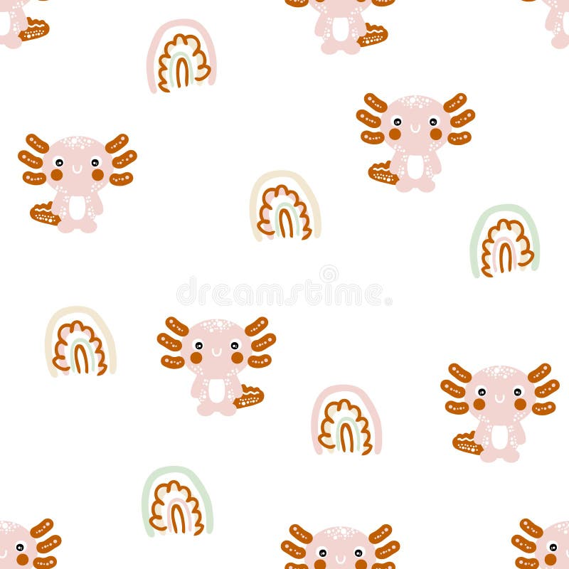 Modello di cartone senza saldatura con axolotls e arcobaleni. perfetto per tessuti e stampe in maglietta. vettore di trazione manu royalty illustrazione gratis