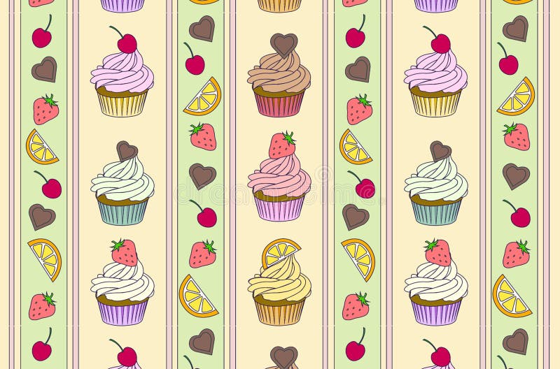 Modello di cupcake assorbito. sapore di menta al limone di fragola con glassa. giallo turchese di colore rosa illustrazione di stock