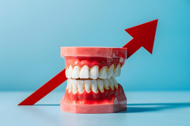 Model of teeth and gums with red arrow on blue background symbolizing growth in dental health Generative AI. Model of teeth and gums with red arrow on blue background symbolizing growth in dental health Generative AI