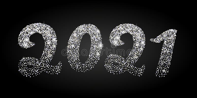 2021: modello di design felice per il nuovo anno e xmas con testo brillante di argento. Modello di design 2021 con testo brillante calligrafico. cartolina di auguri con calligrafia per l'anno cinese del toro. lettere di brillantante d'argento luccicanti di coriandoli. tema festivo